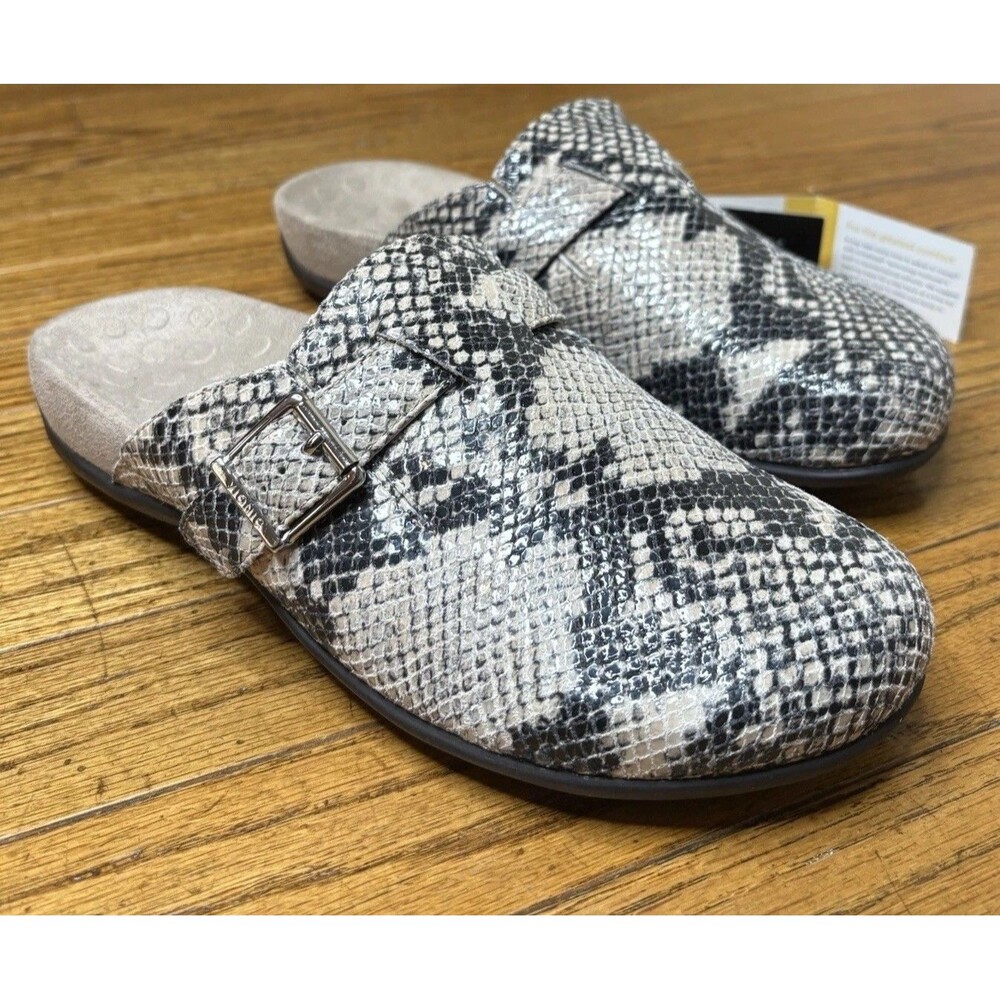 Vionic Calgary Women’s Orthotic Clog Mules Grey Snakeskin Leather Strap Size 8